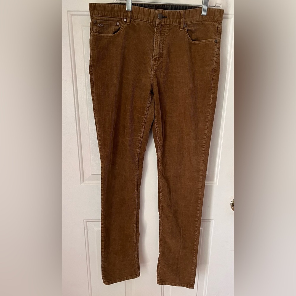 Michael Kors Women's Slim Fit Corduroy Pants 34x34 Camel Tan Stretch MK Logo